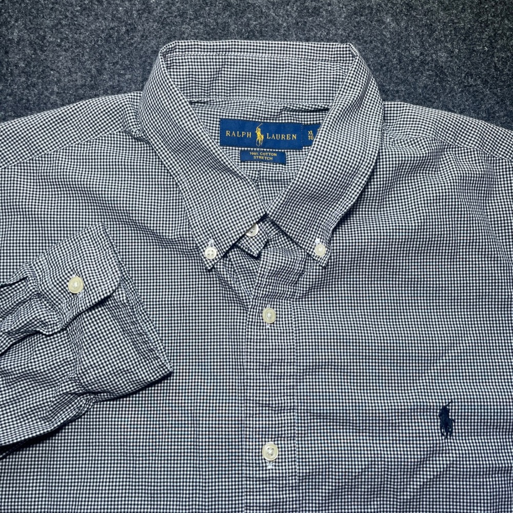 Ralph Lauren Button Down Shirt Mens XL Navy Gingham Cotton Stretch